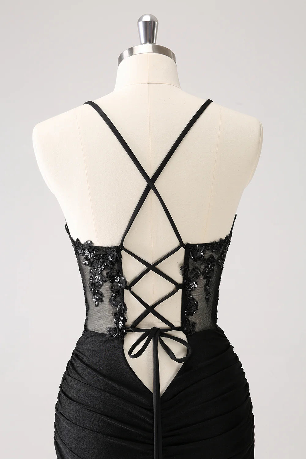 Amzcw Sparkly Unique Black Tight Spaghetti Straps Sequin Homecoming Dress with Lace Up Back