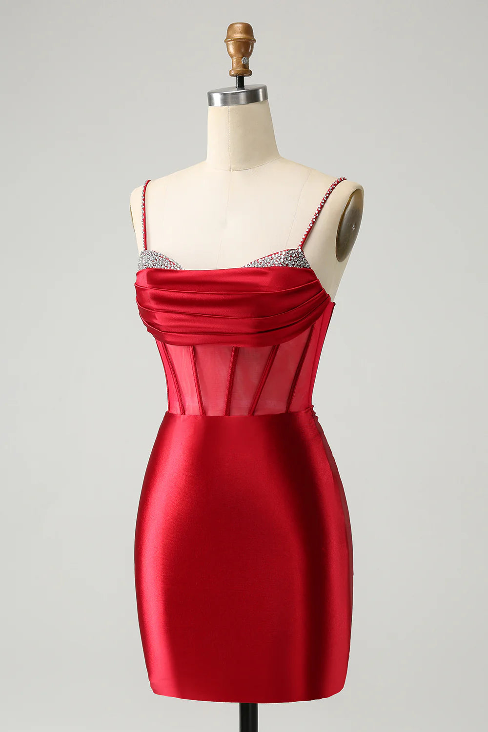 Amzcw Chic Dark Red Bodycon Pleated Corset Short Homecoming Dress with Beading