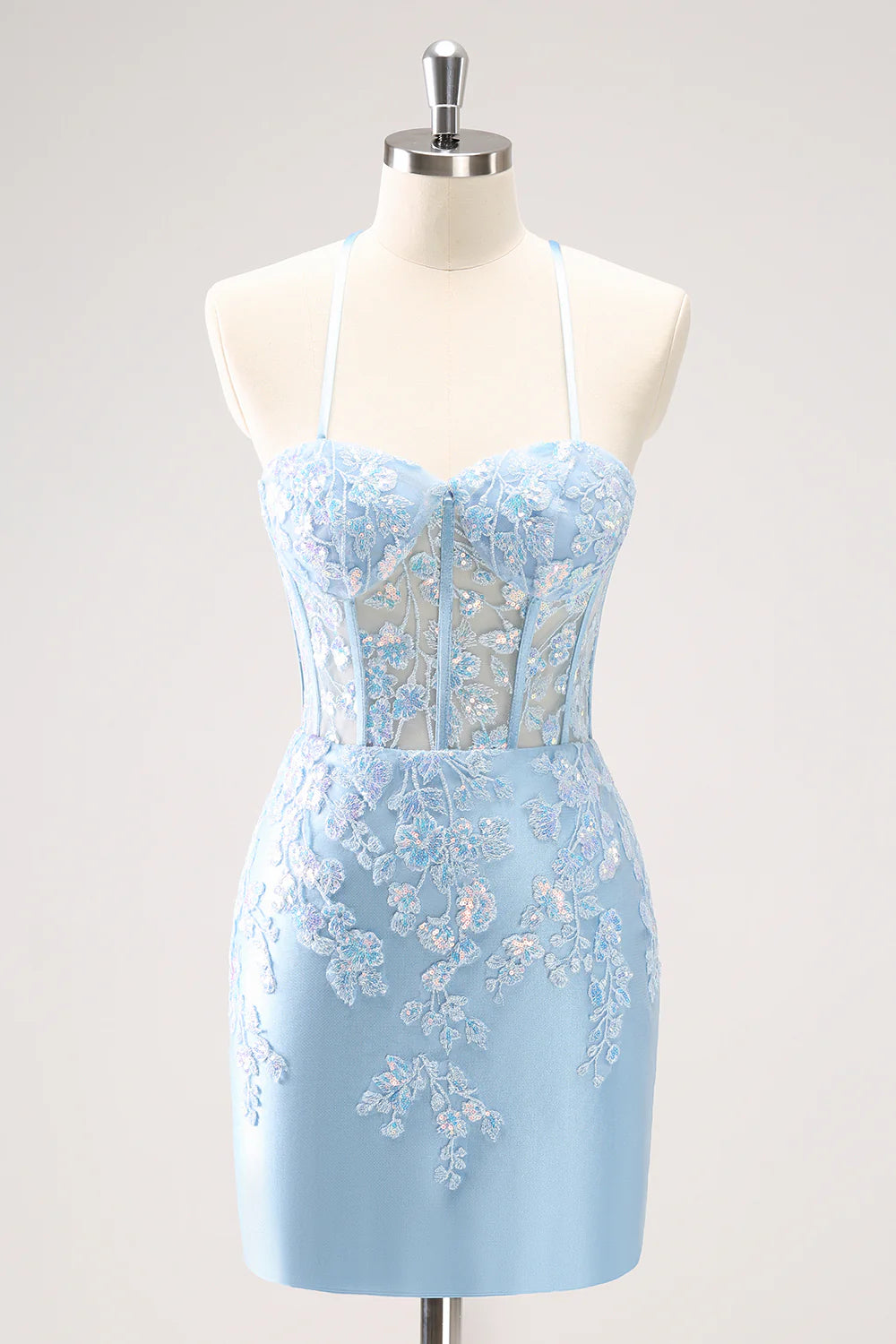 Amzcw Sparkly Blue Spaghetti Straps Sequin Corset Tigtht Homecoming Dress with Appliques
