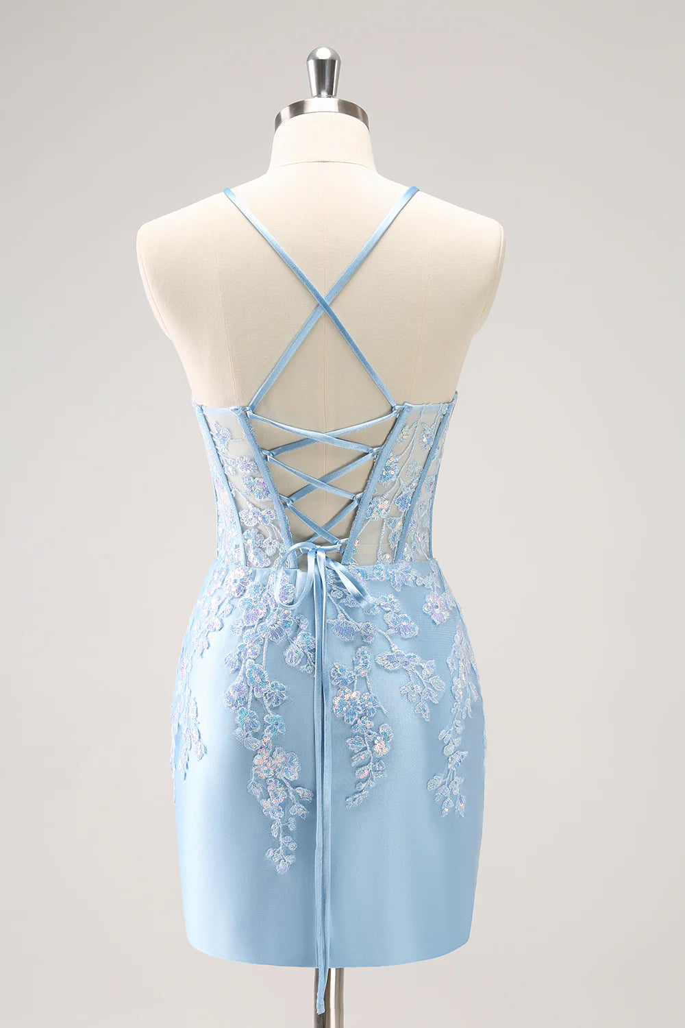 Amzcw Sparkly Blue Spaghetti Straps Sequin Corset Tigtht Homecoming Dress with Appliques