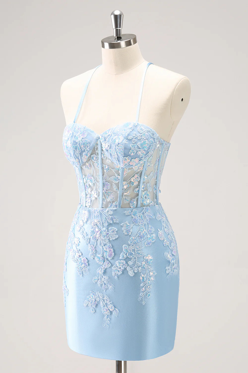 Amzcw Sparkly Blue Spaghetti Straps Sequin Corset Tigtht Homecoming Dress with Appliques