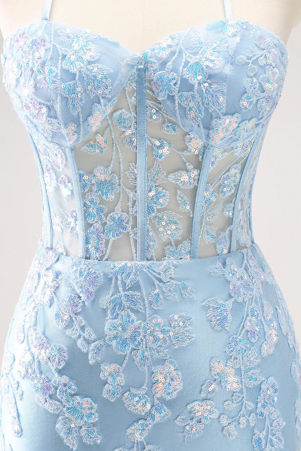 Amzcw Sparkly Blue Spaghetti Straps Sequin Corset Tigtht Homecoming Dress with Appliques