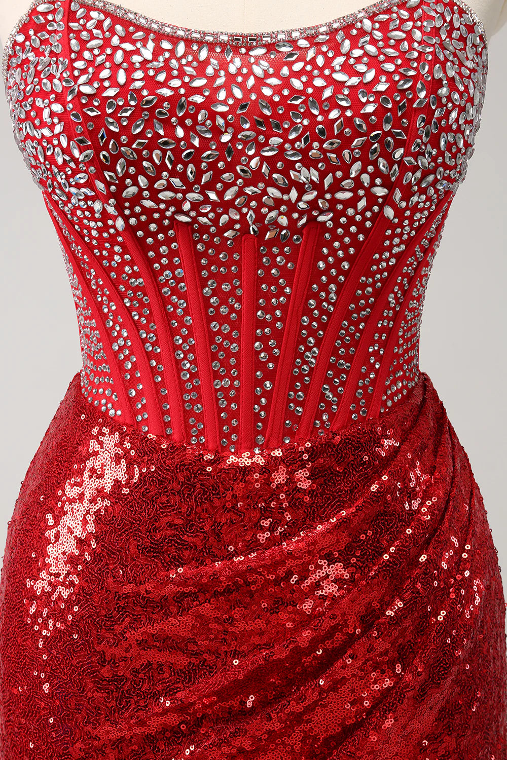 Amzcw Glitter Red Tight Strapless Sequin Corset Slit Short Homecoming Dress with Beading
