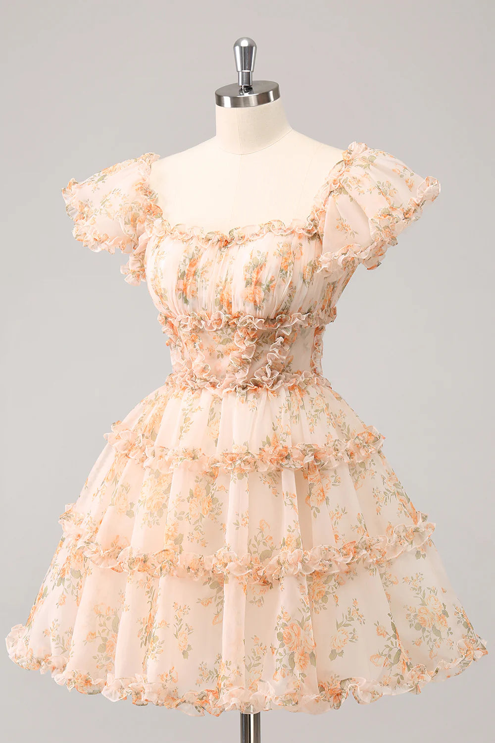 Amzcw Cute Yellow A Line Square Neck Corset Backless Short Homecoming Dress