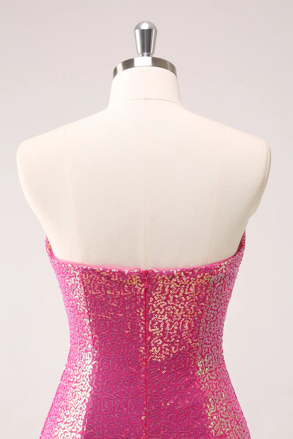 Amzcw Sparkly Fuchsia Bodycon Strapless Hollow Out Sequins Short Homecoming Dress with Slit
