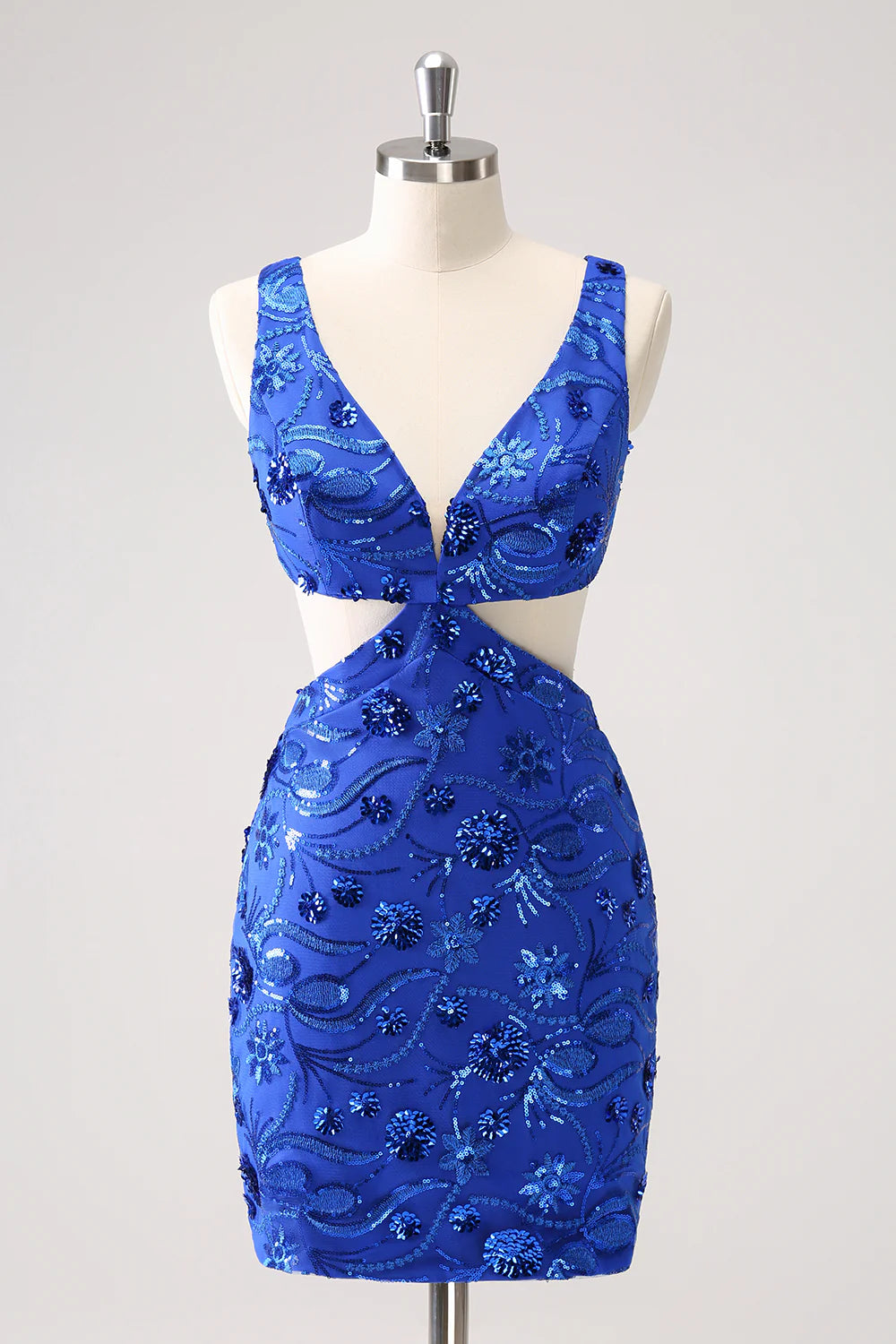 Amzcw Sparkly Royal Blue Tight Hollow Out Sequin Short Homecoming Dress with Lace Up Back