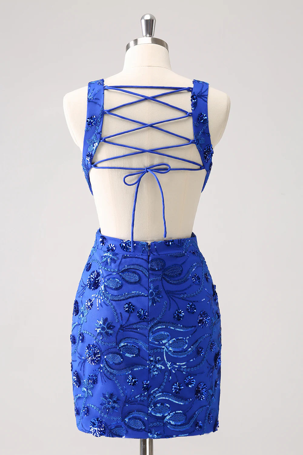 Amzcw Sparkly Royal Blue Tight Hollow Out Sequin Short Homecoming Dress with Lace Up Back