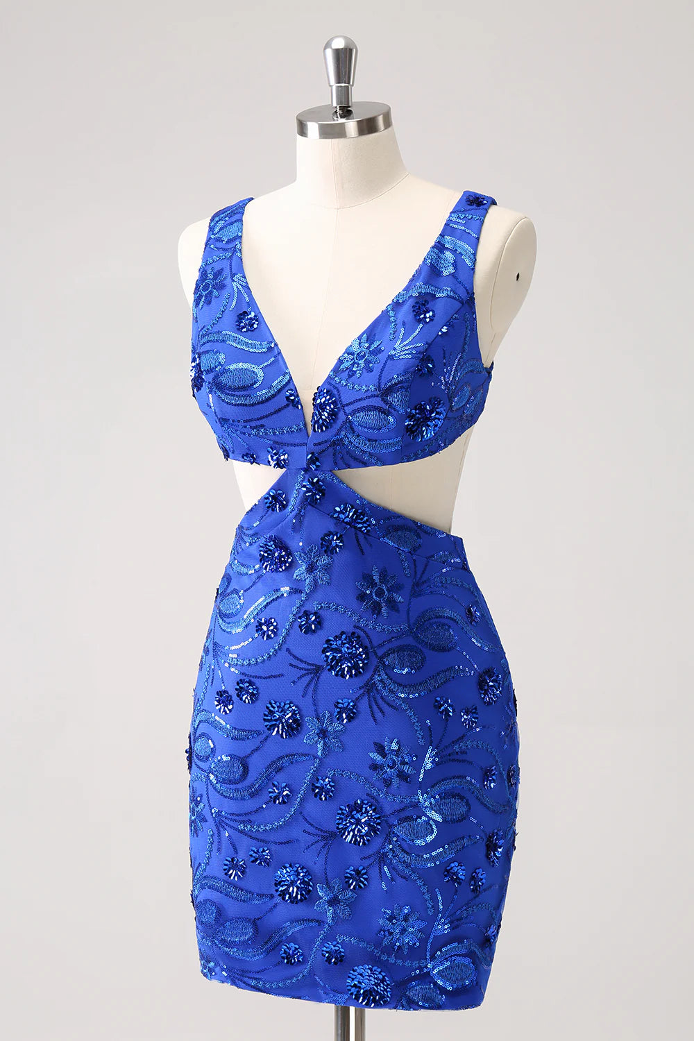 Amzcw Sparkly Royal Blue Tight Hollow Out Sequin Short Homecoming Dress with Lace Up Back