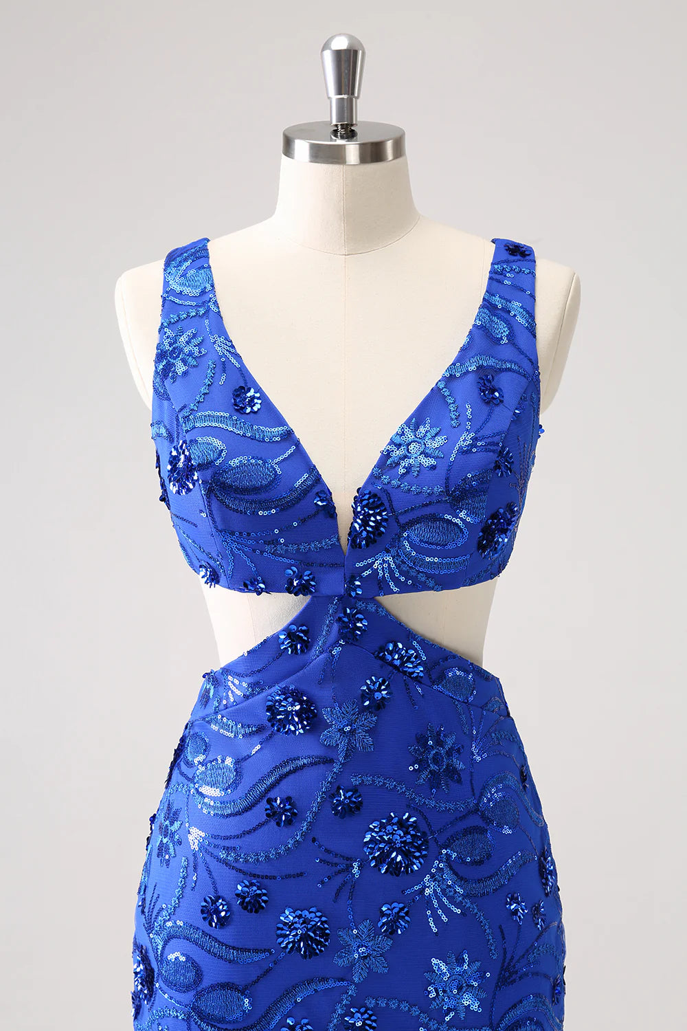 Amzcw Sparkly Royal Blue Tight Hollow Out Sequin Short Homecoming Dress with Lace Up Back