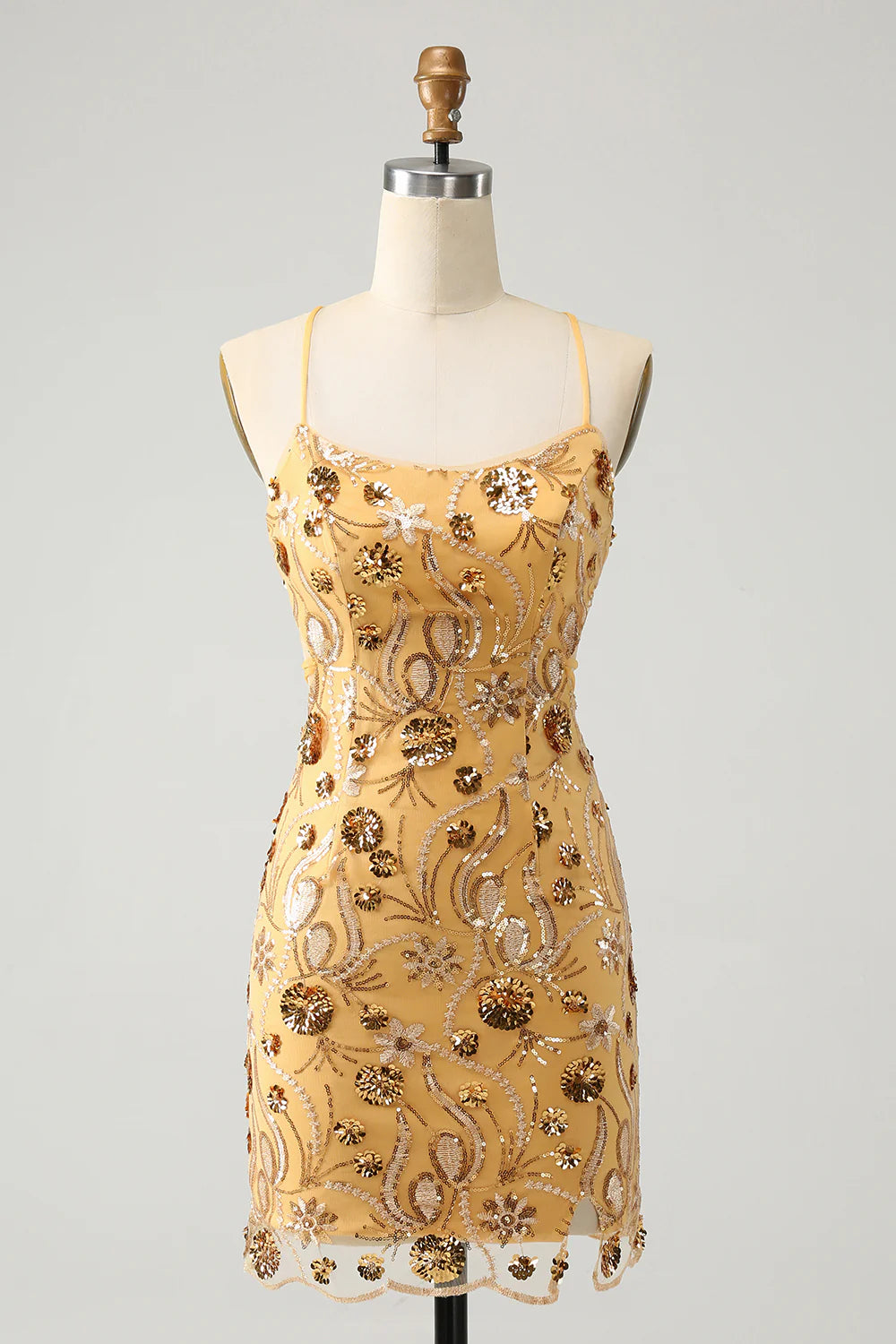 Amzcw Yellow Bodycon Spaghetti Straps Lace Up Back Short Homecoming Dress with Sequins