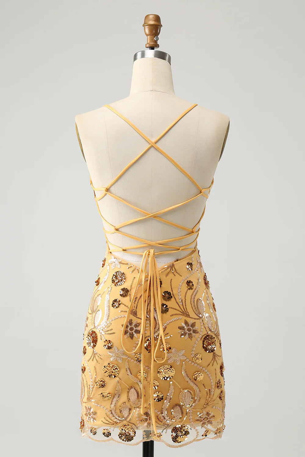 Amzcw Yellow Bodycon Spaghetti Straps Lace Up Back Short Homecoming Dress with Sequins