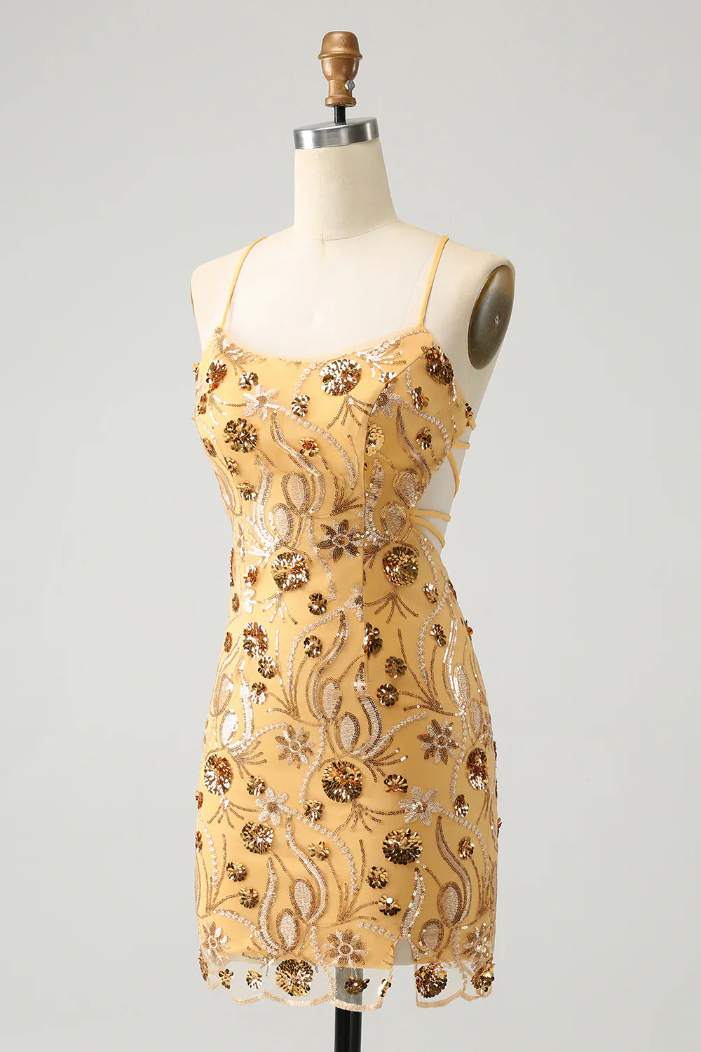 Amzcw Yellow Bodycon Spaghetti Straps Lace Up Back Short Homecoming Dress with Sequins
