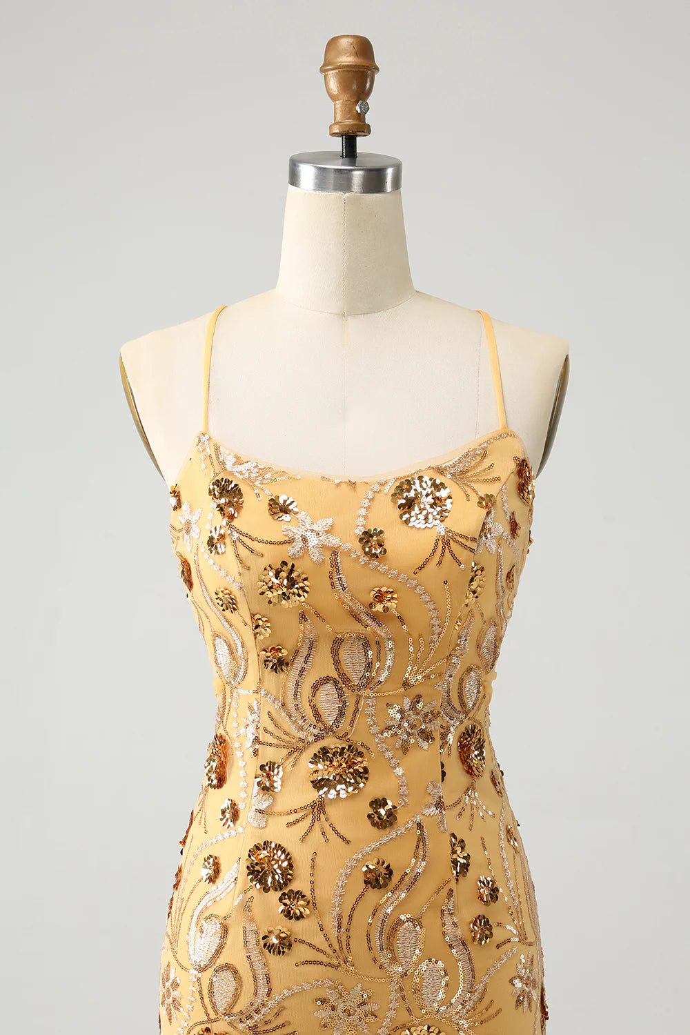 Amzcw Yellow Bodycon Spaghetti Straps Lace Up Back Short Homecoming Dress with Sequins