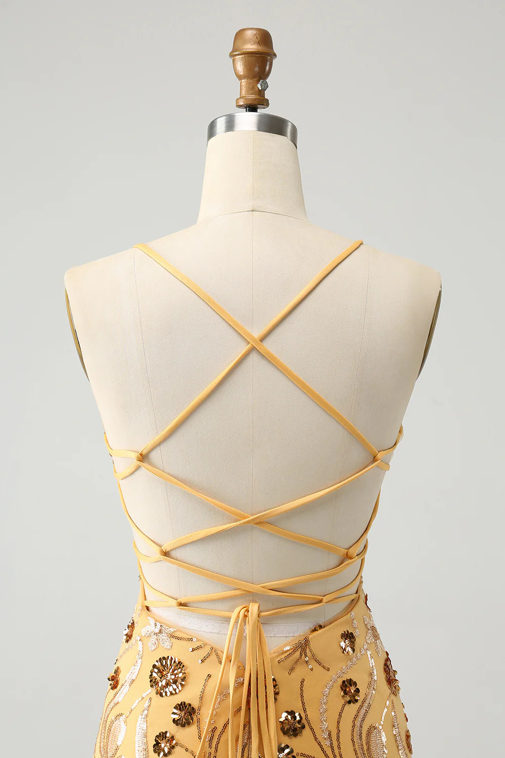 Amzcw Yellow Bodycon Spaghetti Straps Lace Up Back Short Homecoming Dress with Sequins