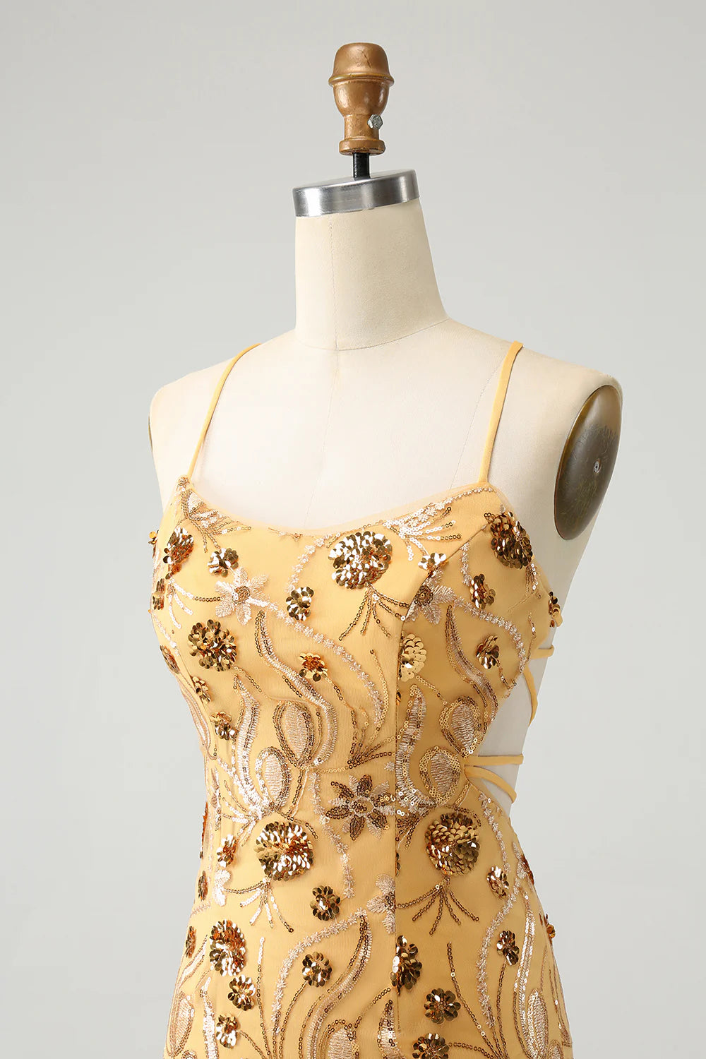 Amzcw Yellow Bodycon Spaghetti Straps Lace Up Back Short Homecoming Dress with Sequins