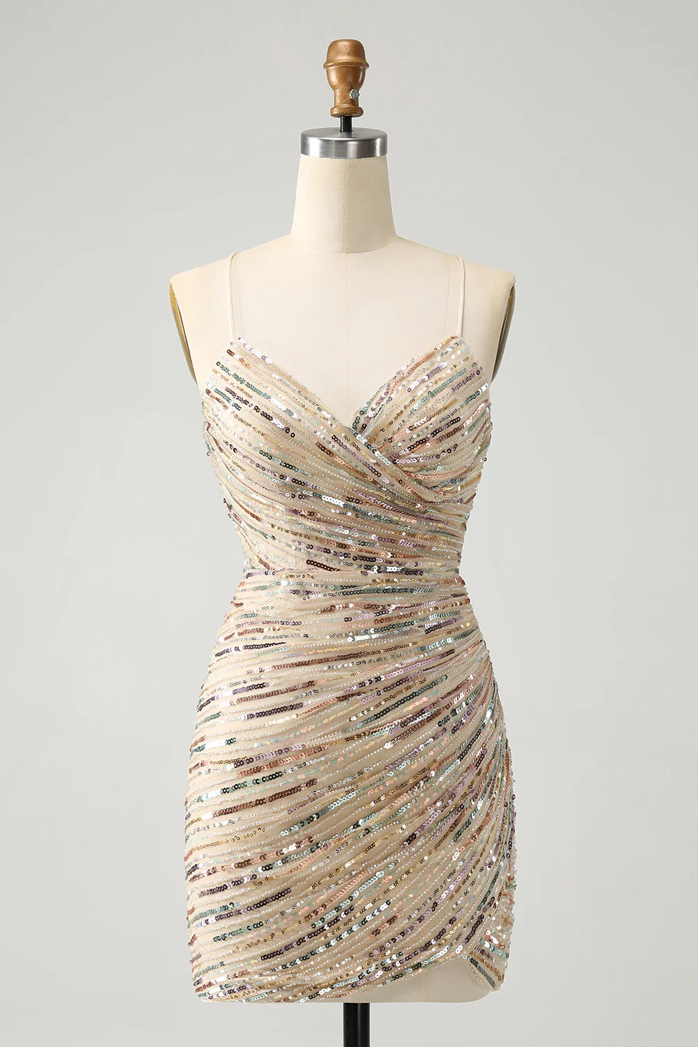 Amzcw Bodycon Spaghetti Straps Lace Up Back Short Champagne Homecoming Dress with Sequins