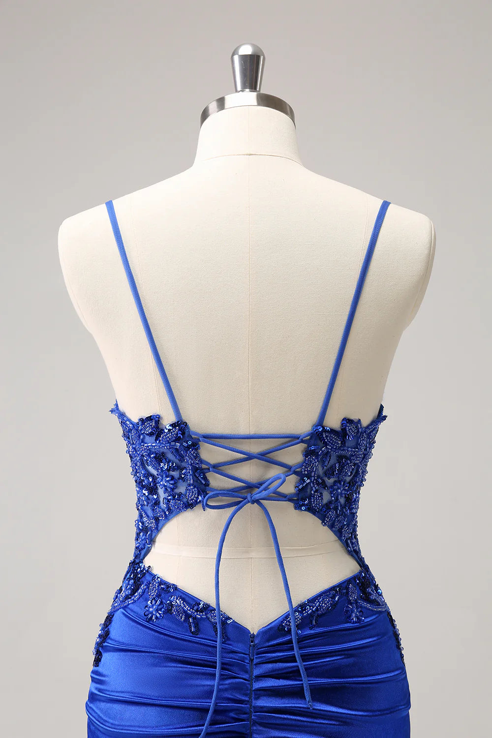 Amzcw Royal Blue Tight Ruched Lace Up Back Short Homecoming Dress with Beading