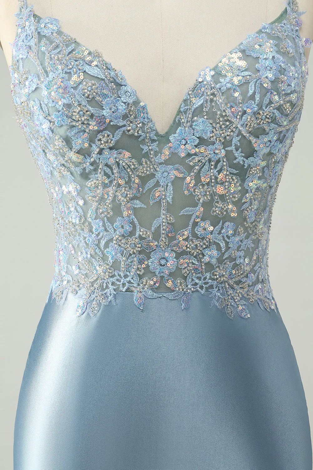 Amzcw Sparkly Dusty Blue Bodycon Beaded Floral Satin Homecoming Dress