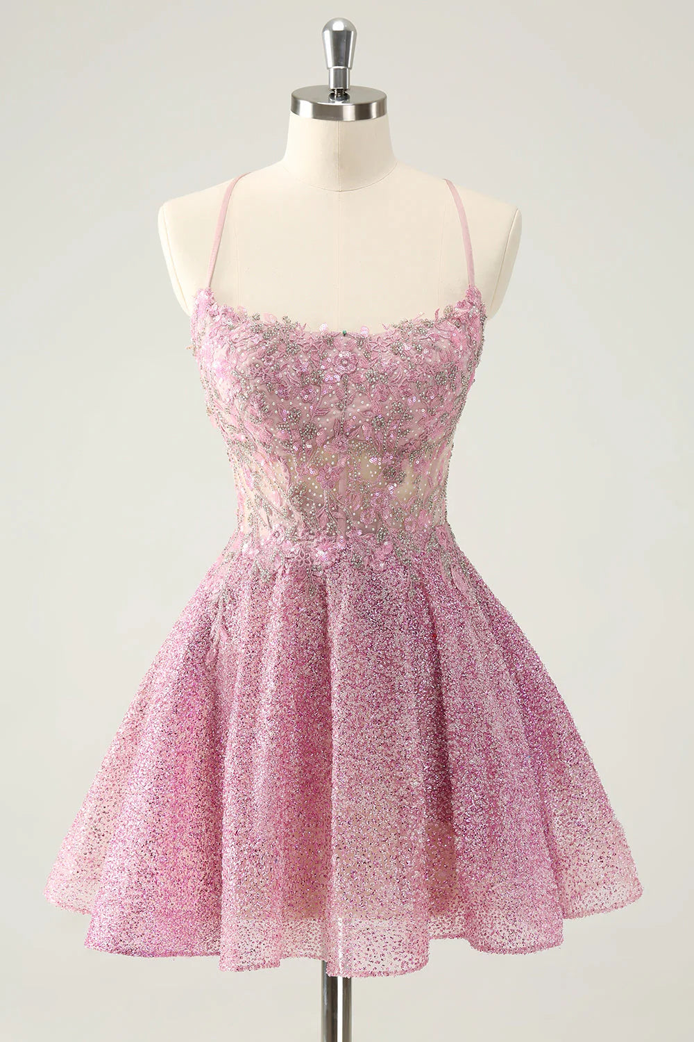 Amzcw Sparkly Dark Pink A Line Beaded Corset Short Homecoming Dress with Appliques