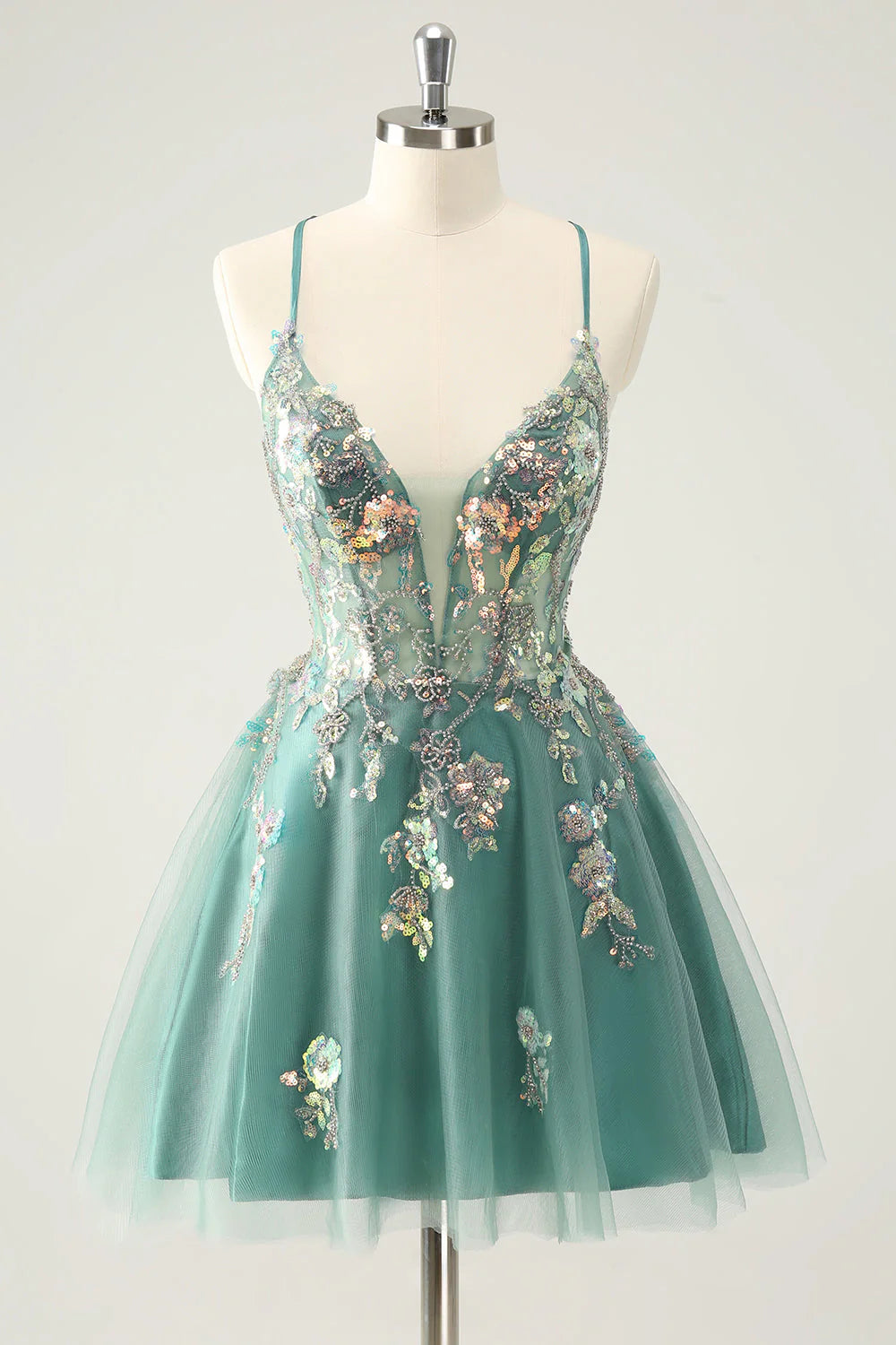 Amzcw Glitter Grey Green A Line Spaghetti Straps Sequins Homecoming Dresses with Appliques