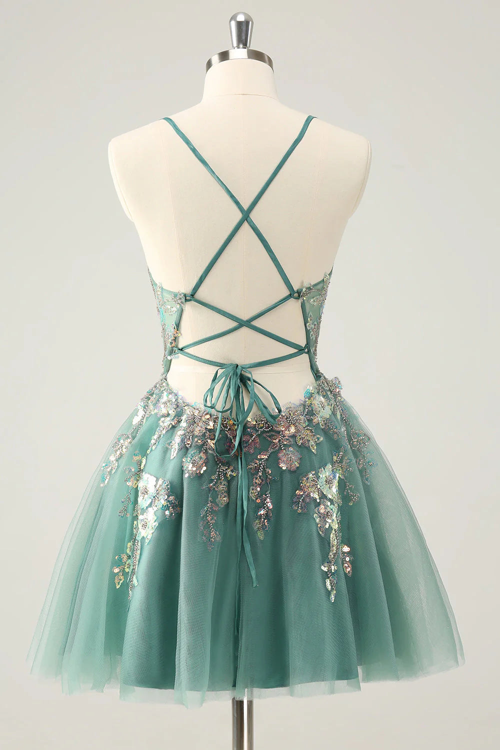 Amzcw Glitter Grey Green A Line Spaghetti Straps Sequins Homecoming Dresses with Appliques
