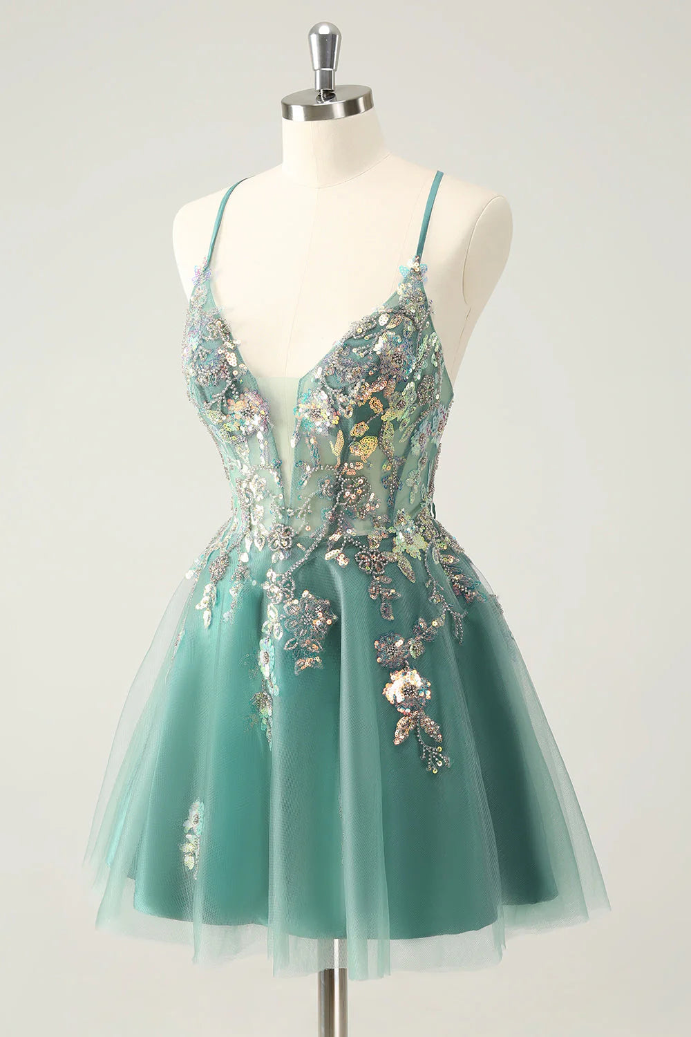 Amzcw Glitter Grey Green A Line Spaghetti Straps Sequins Homecoming Dresses with Appliques