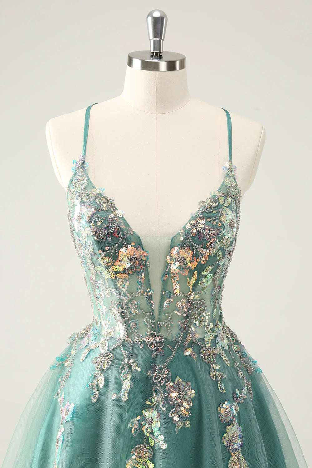 Amzcw Glitter Grey Green A Line Spaghetti Straps Sequins Homecoming Dresses with Appliques