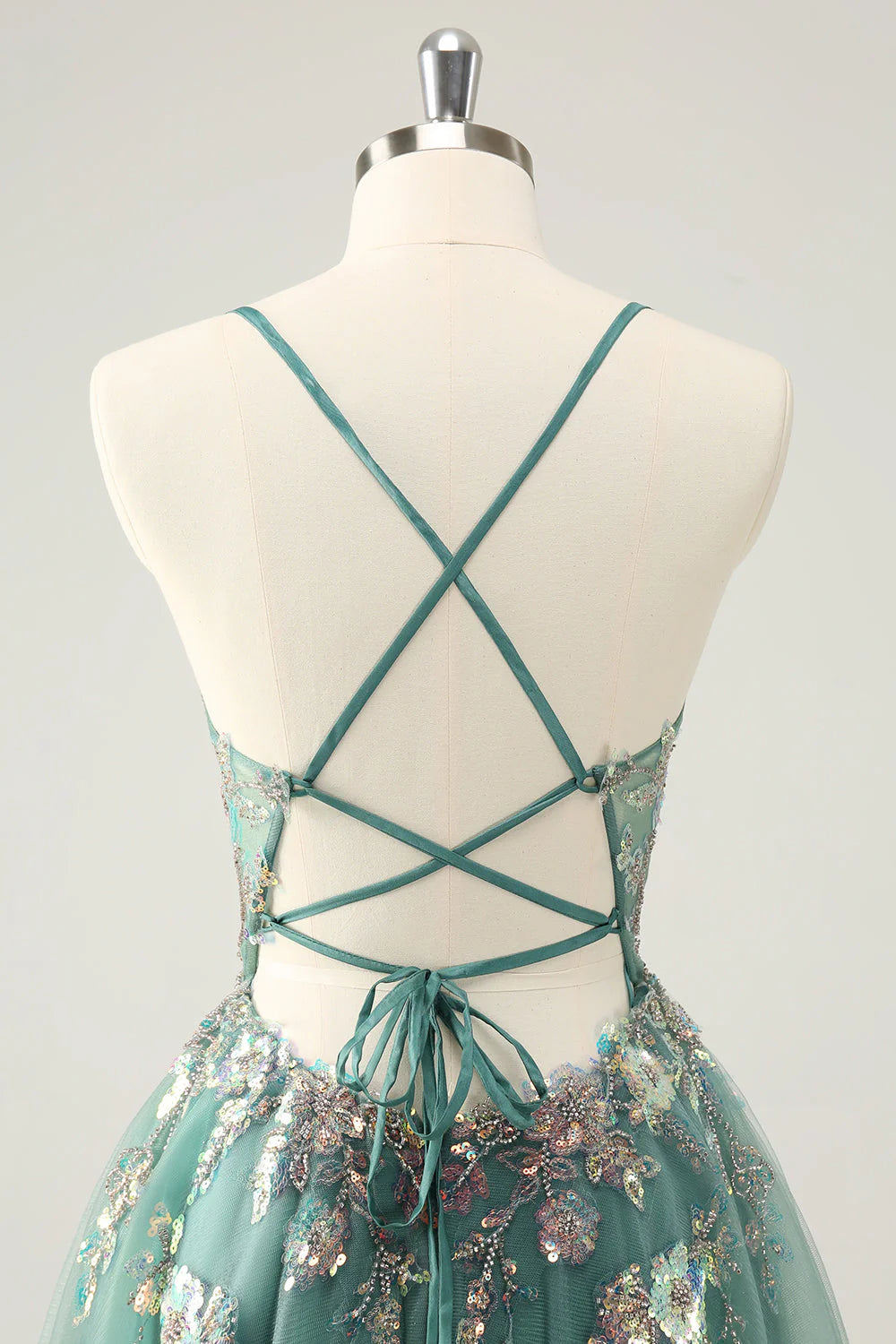 Amzcw Glitter Grey Green A Line Spaghetti Straps Sequins Homecoming Dresses with Appliques