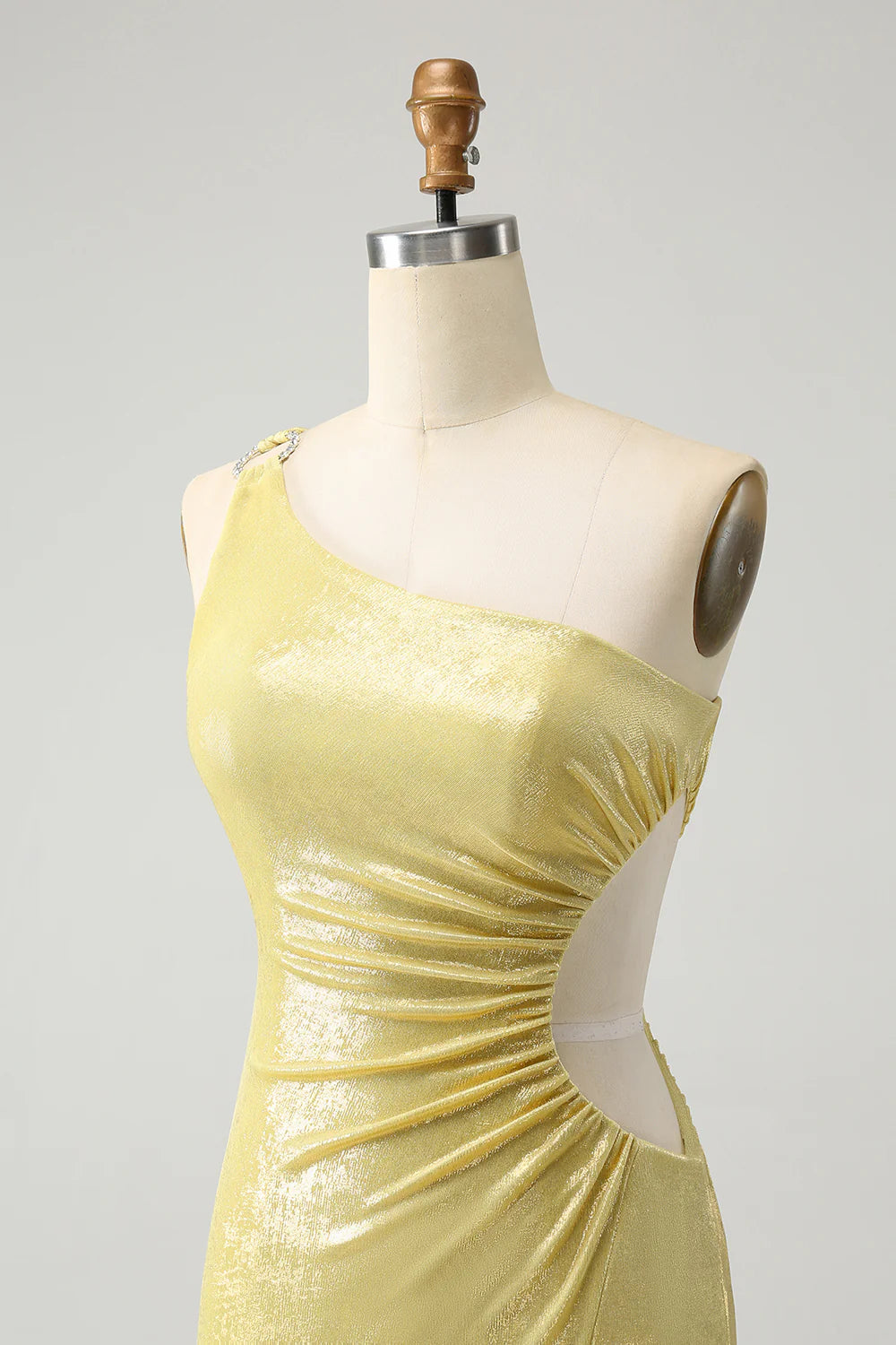 Amzcw Sparkly Yellow Bodycon One Shoulder Hollow Out Pleated Metallic Homecoming Dress