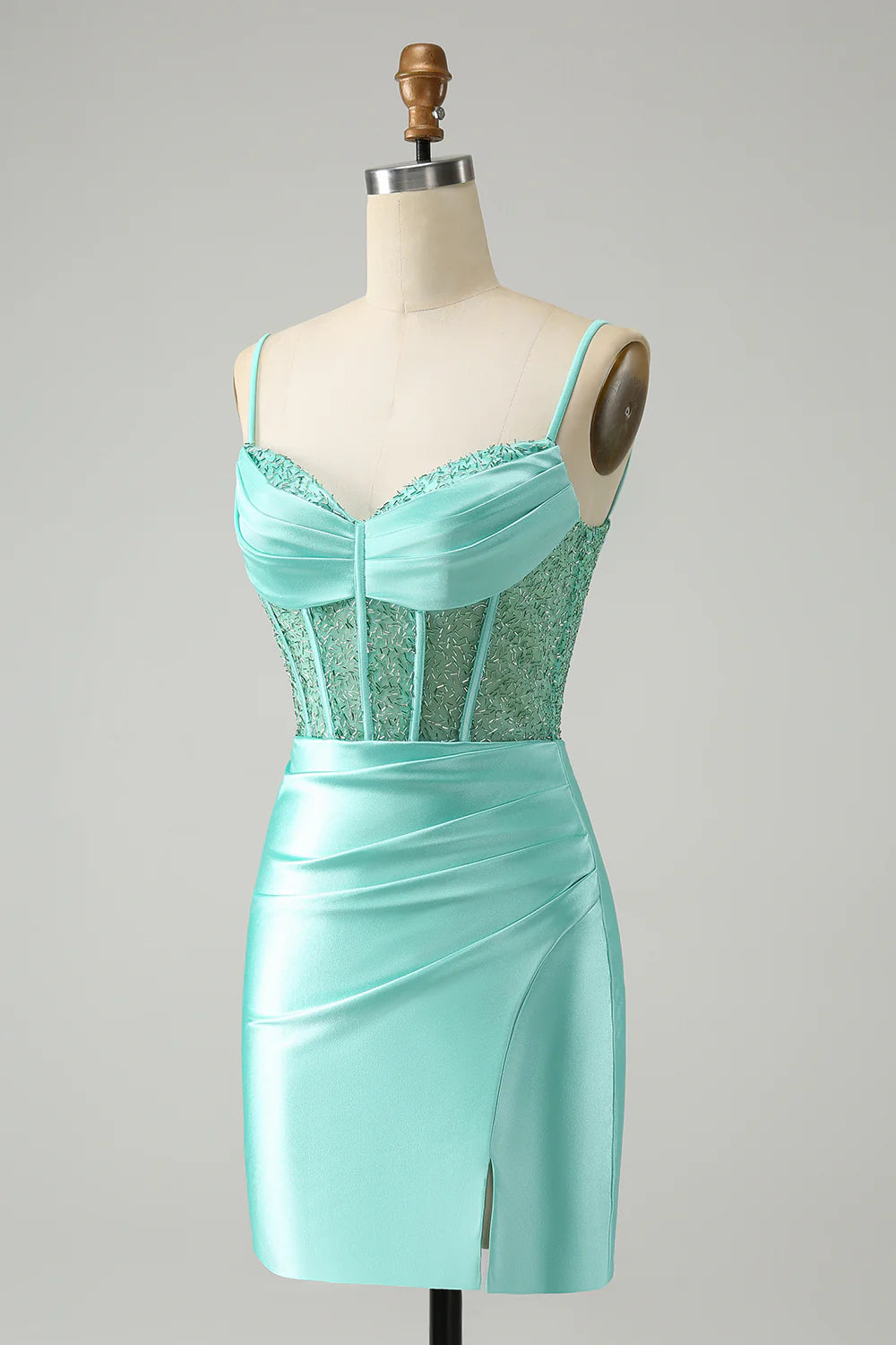 Amzcw Stylish Light Green Bodycon Lace Up Back Corset Short Homecoming Dress with Slit