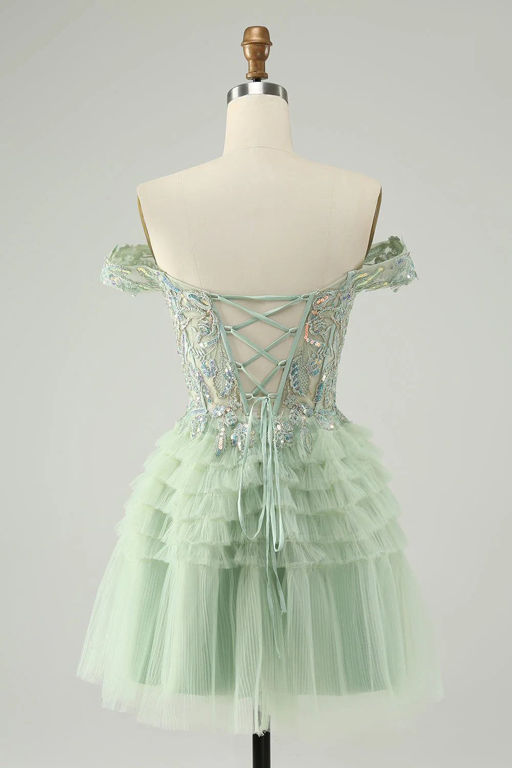 Amzcw Sparkly Light Green A Line Off The Shoulder Corset Tulle Homecoming Dress with Sequins