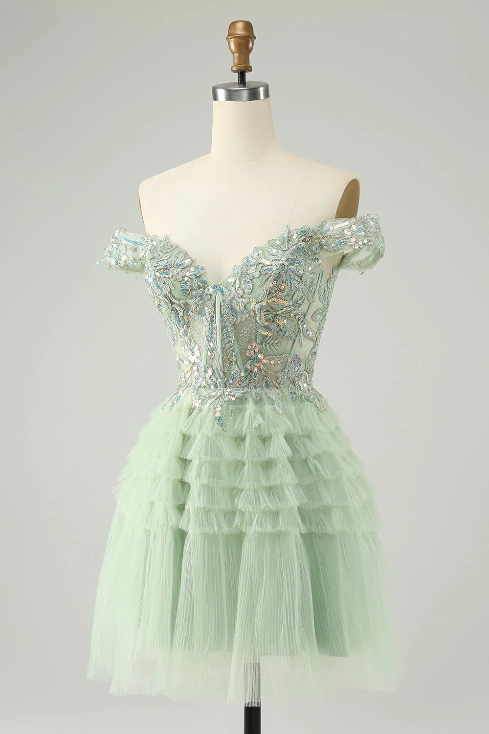 Amzcw Sparkly Light Green A Line Off The Shoulder Corset Tulle Homecoming Dress with Sequins