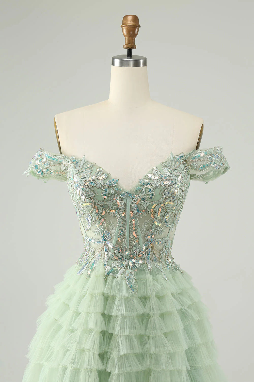 Amzcw Sparkly Light Green A Line Off The Shoulder Corset Tulle Homecoming Dress with Sequins