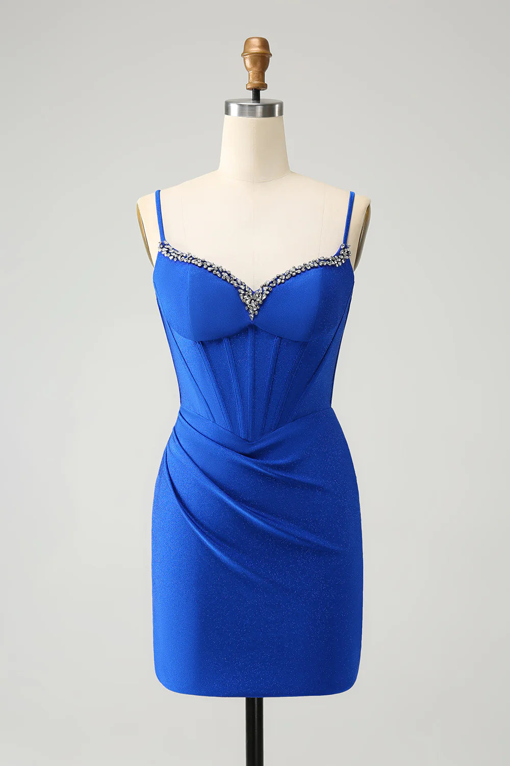 Amzcw Royal Blue Glitter Corset Spaghetti straps Tight Homecoming Dress with Beading