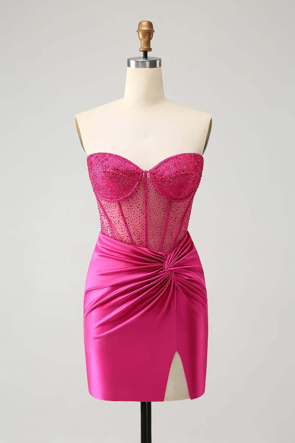 Amzcw Glitter Hot Pink Strapless Pleated Corset Tight Homecoming Dress with Beading