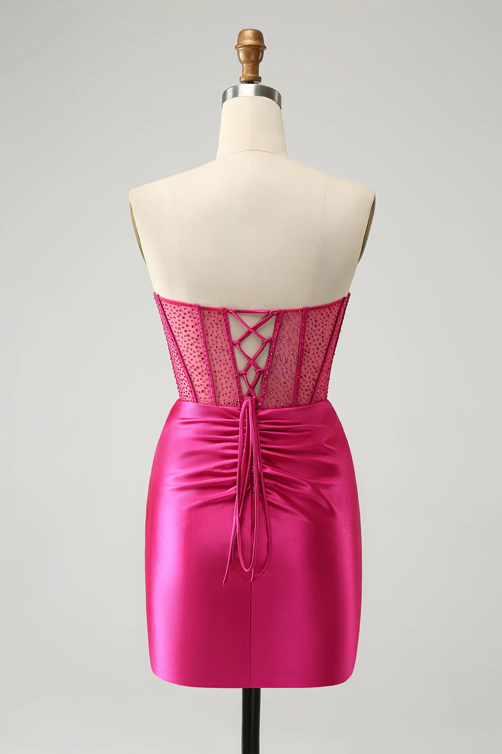 Amzcw Glitter Hot Pink Strapless Pleated Corset Tight Homecoming Dress with Beading