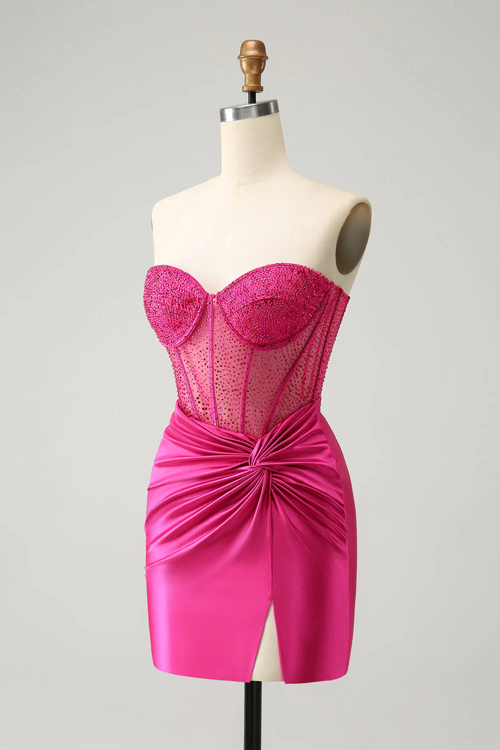 Amzcw Glitter Hot Pink Strapless Pleated Corset Tight Homecoming Dress with Beading