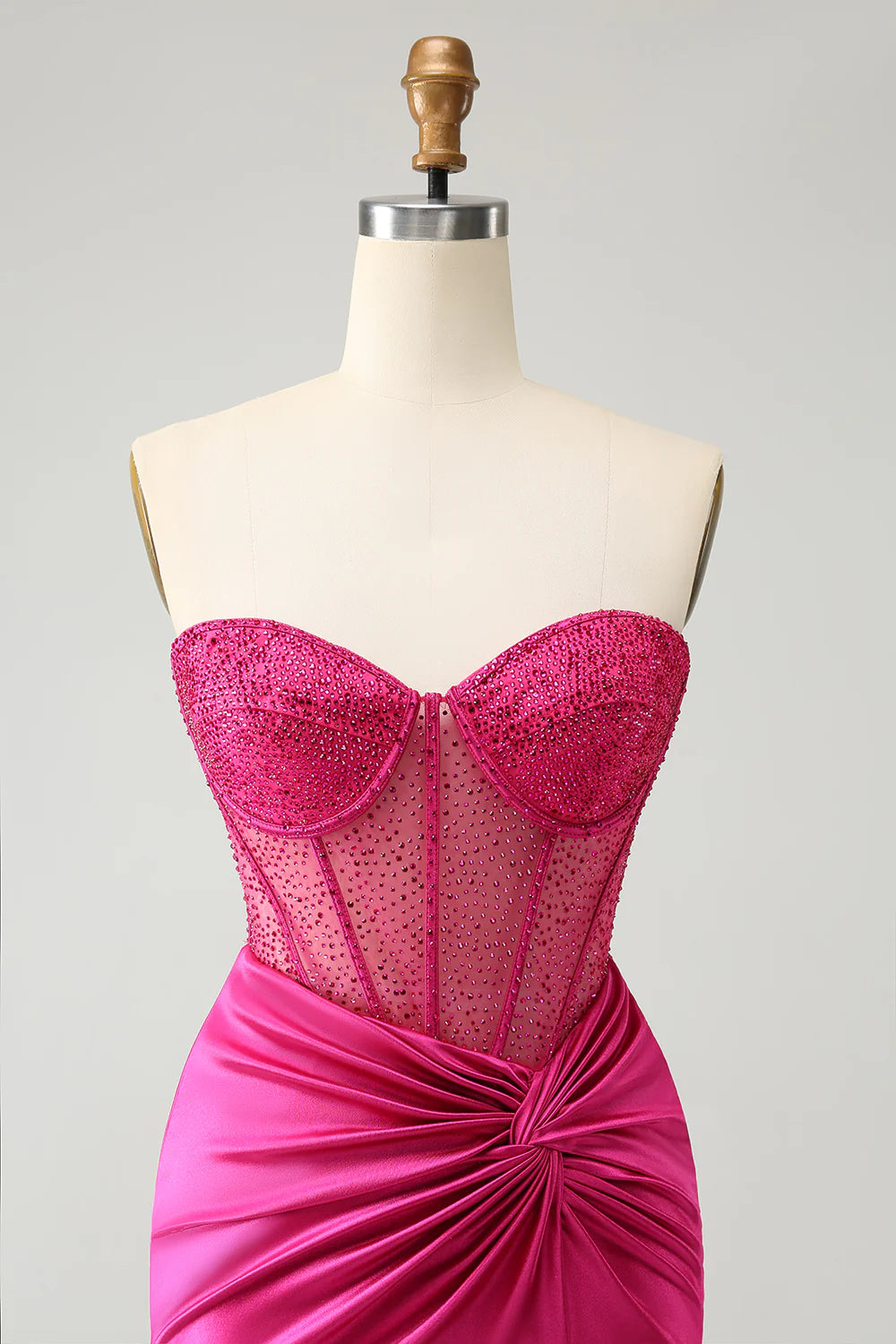 Amzcw Glitter Hot Pink Strapless Pleated Corset Tight Homecoming Dress with Beading