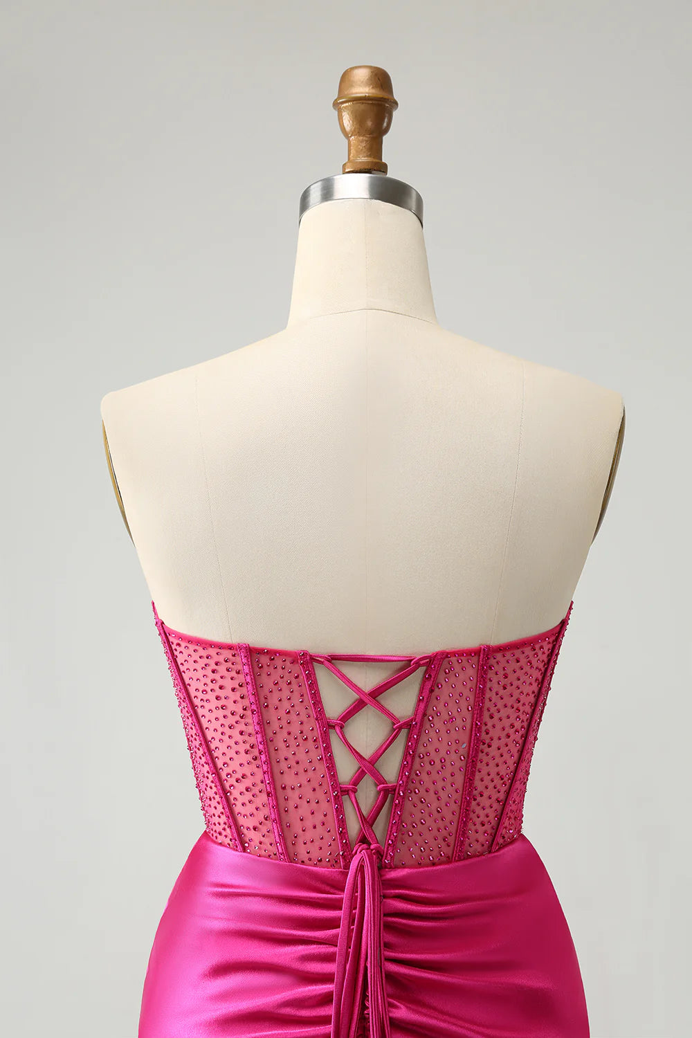 Amzcw Glitter Hot Pink Strapless Pleated Corset Tight Homecoming Dress with Beading