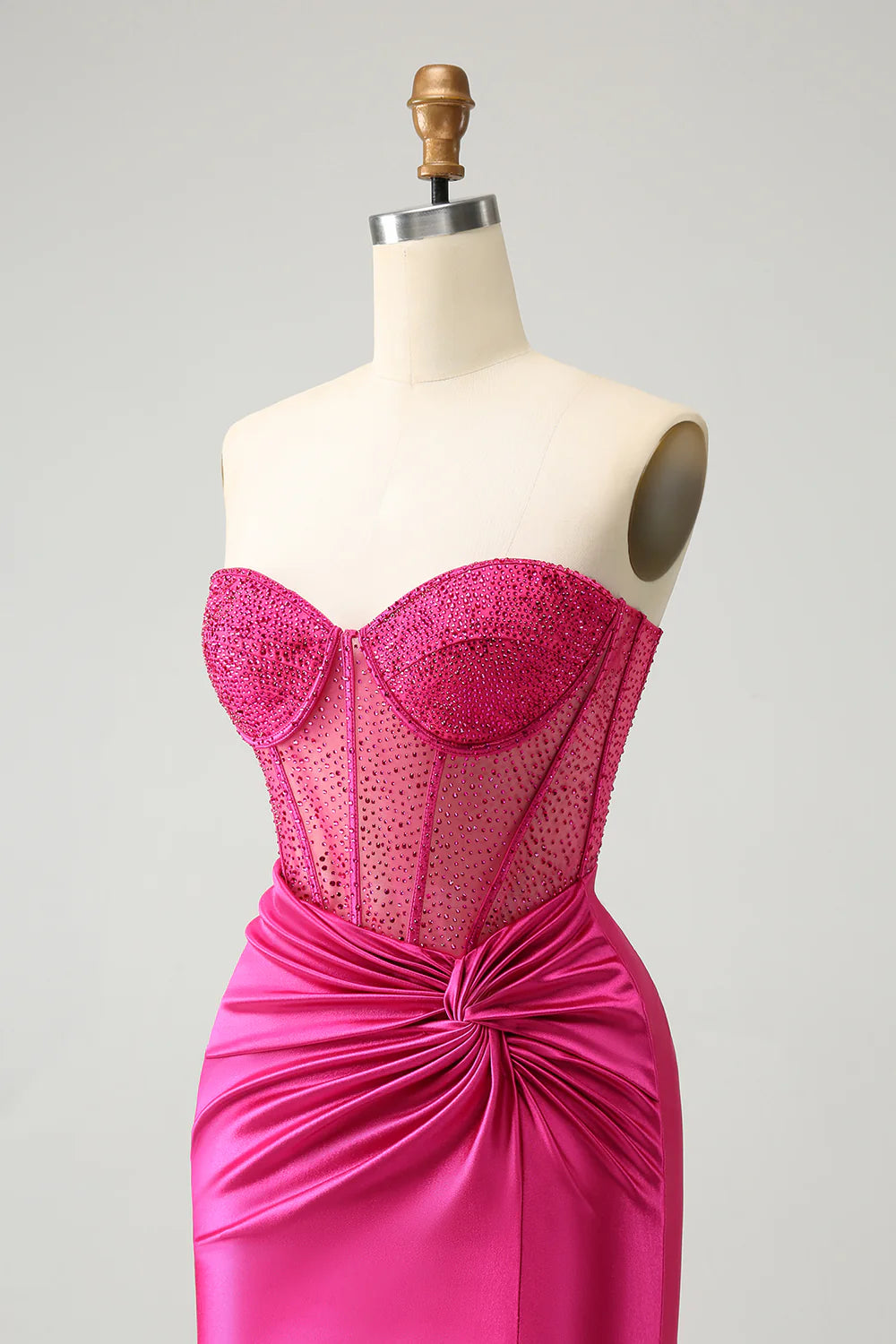 Amzcw Glitter Hot Pink Strapless Pleated Corset Tight Homecoming Dress with Beading