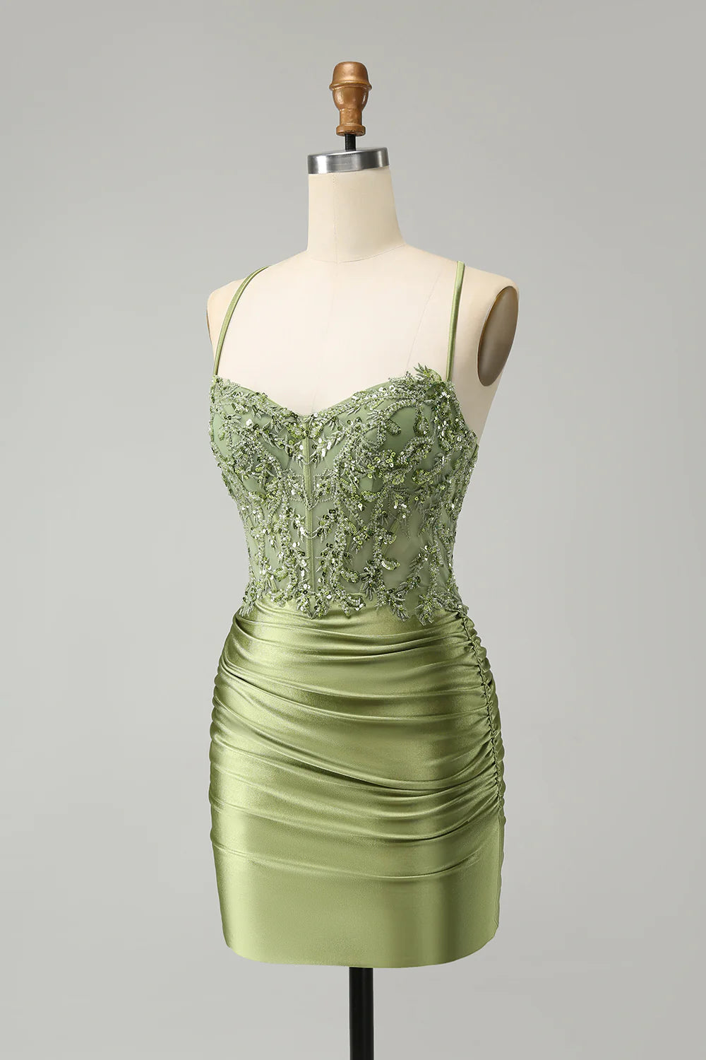 Amzcw Sparkly Light Green Spaghetti Straps Sequins Corset Homecoming Dress