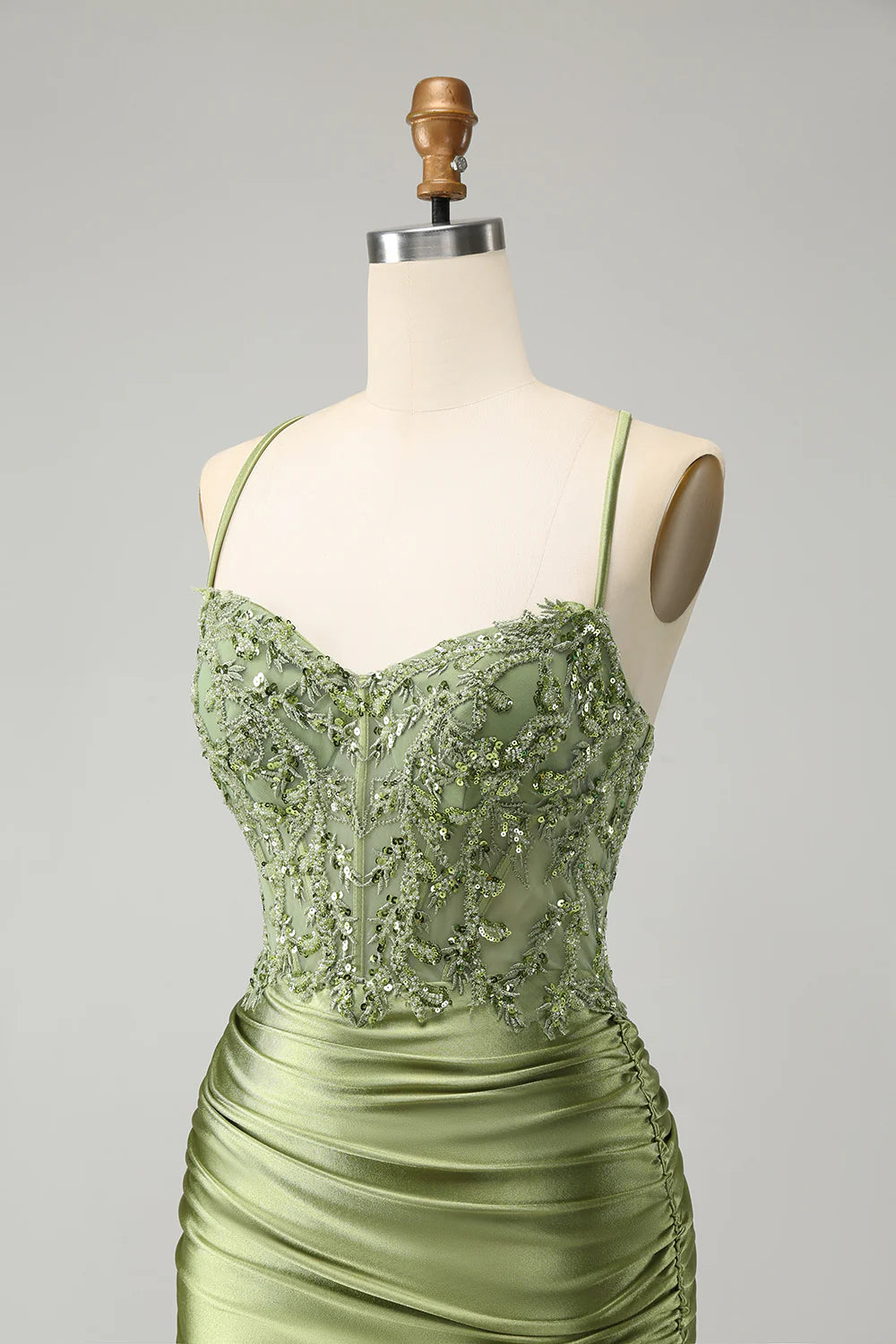 Amzcw Sparkly Light Green Spaghetti Straps Sequins Corset Homecoming Dress