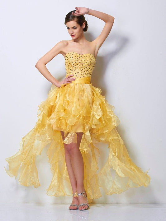 A-Line/Princess Sweetheart Sleeveless Beading High Low Tulle Homecoming Dresses