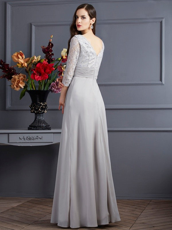A-Line/Princess V-neck 3/4 Sleeves Applique Long Chiffon Mother of the Bride Dresses