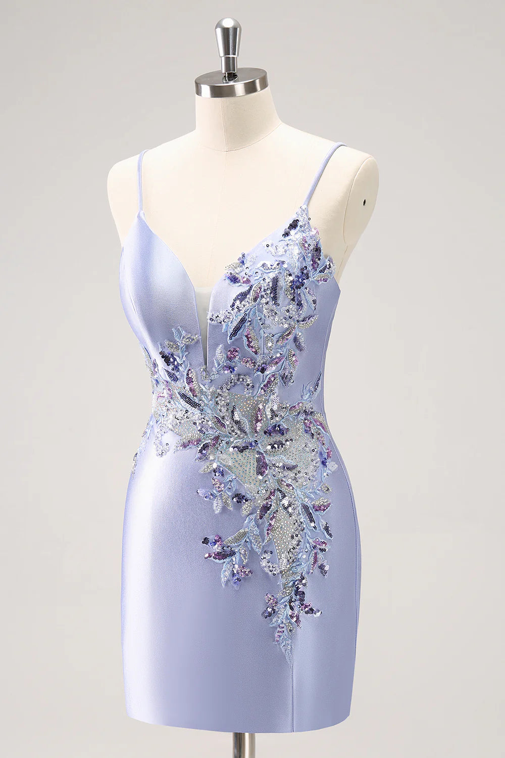 Amzcw Sparkly Blue Spaghetti Straps Corset Sequin Tight Homecoming Dress with Beading