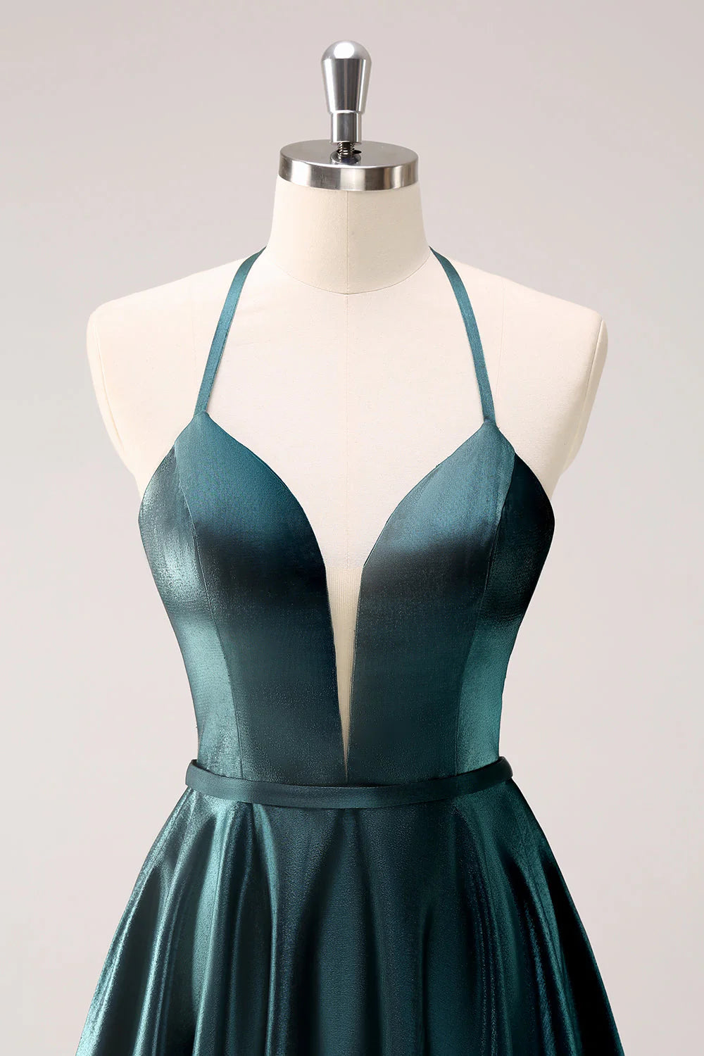 Amzcw Peacock Blue A-Line Halter Short Metallic Homecoming Dress with Lace Up Back