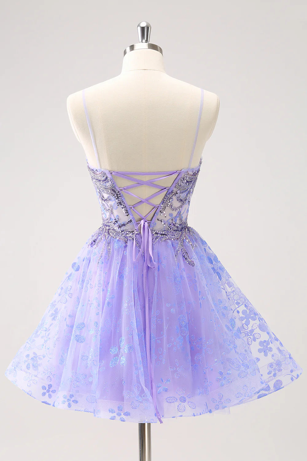 Amzcw Sparkly Lilac A Line Corset Floral Short Homecoming Dress with Sequins