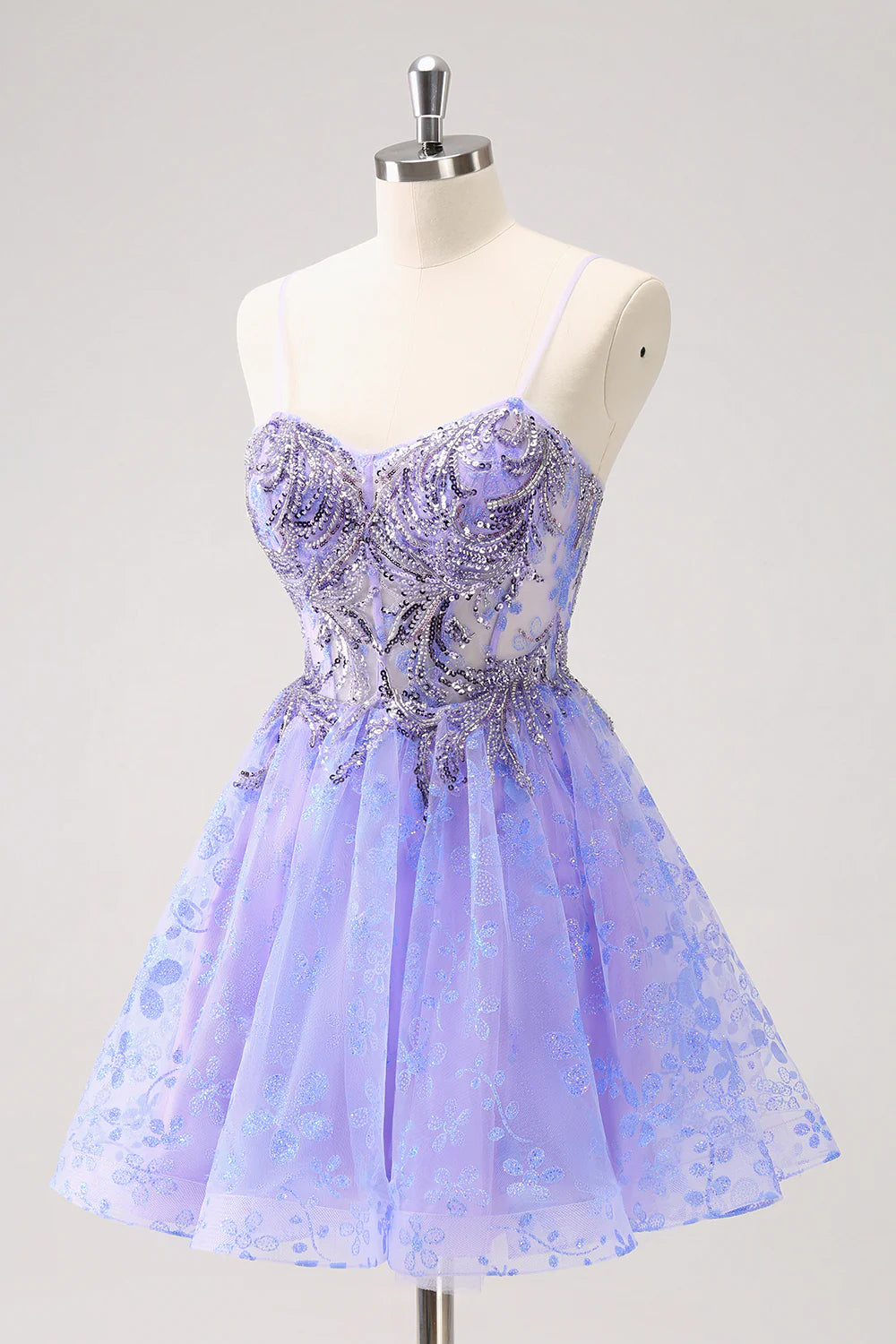 Amzcw Sparkly Lilac A Line Corset Floral Short Homecoming Dress with Sequins