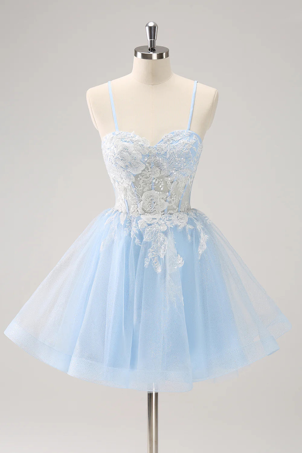 Amzcw Sparkly Blue A Line Corset Sequin Short Homecoming Dress with Appliques