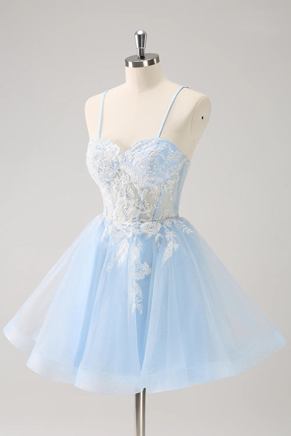 Amzcw Sparkly Blue A Line Corset Sequin Short Homecoming Dress with Appliques